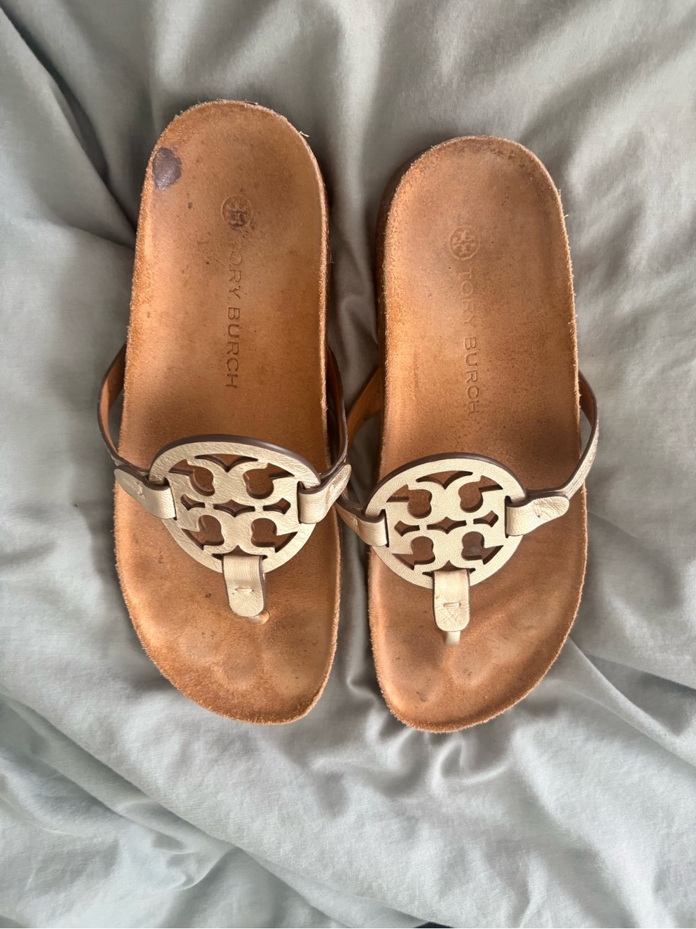Tory Burch Metallic Gold and Tan Leather Slide Sandals
